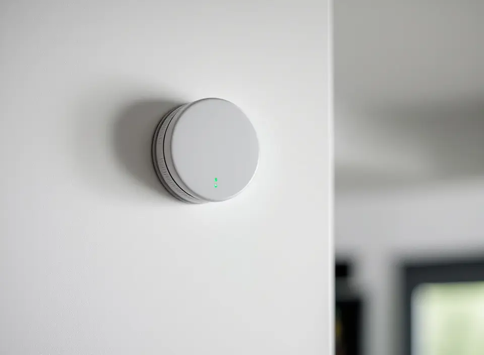 Een kleine witte koolmonoxidemelder met een groen lampje, hoog aan de muur van een gang