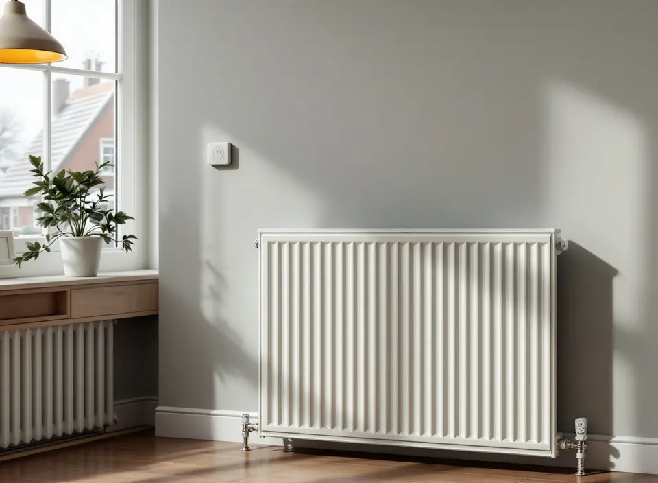 Een witte paneelradiator onder een raam in een woonkamer, met een thermostaatkraan en berijpte daken buiten
