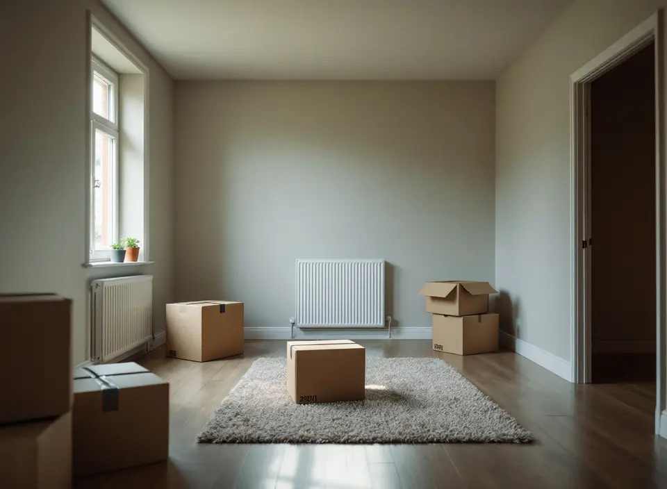 Een lege woonkamer op verhuisdag, met dichte verhuisdozen op de houten vloer en een radiator onder het raam