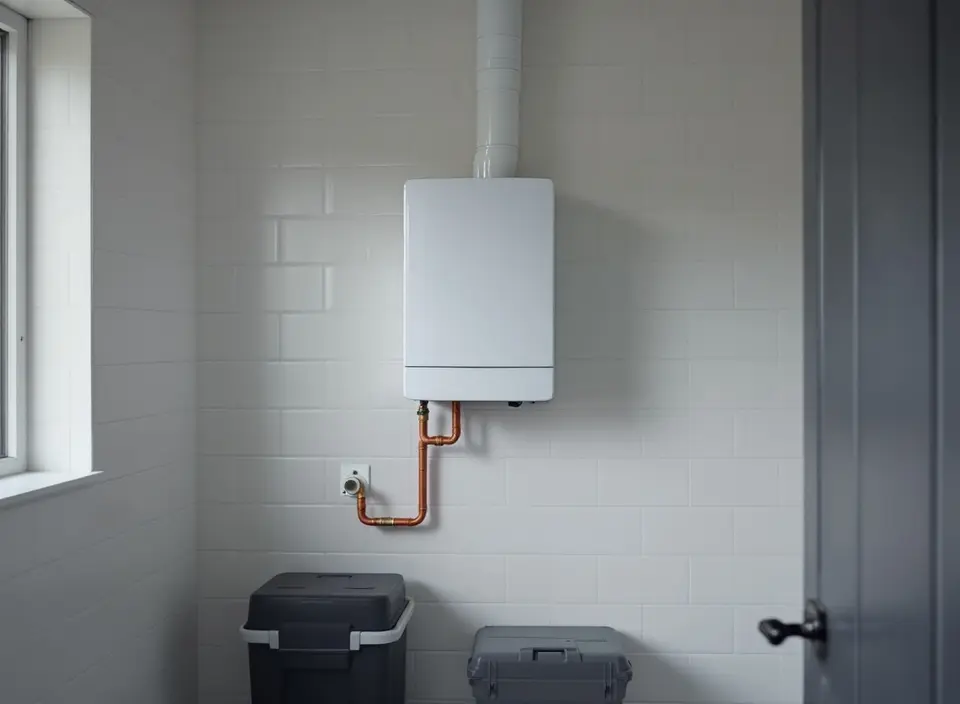 Een witte cv-ketel aan de betegelde wand van een bijkeuken, met de afvoer naar het plafond, koperen leidingen en een dichte servicekoffer op de vloer