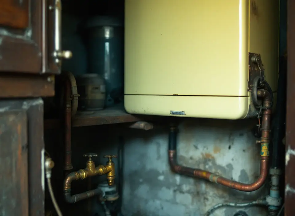 Een oude crèmekleurige cv-ketel in een krappe kast, met verkleurde koperen leidingen en een messing gaskraan eronder