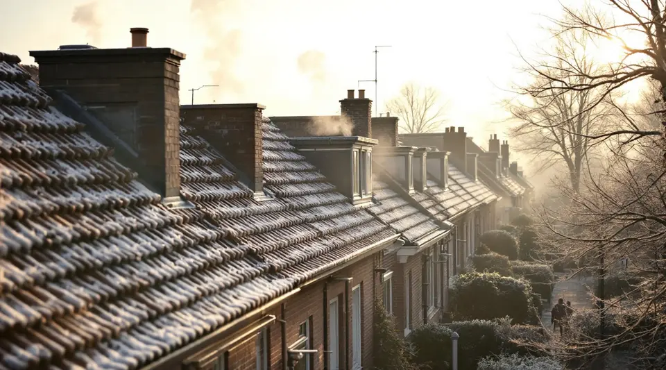 Een straat met bakstenen rijtjeshuizen op een ijzige winterochtend, met waterdamp boven de daken